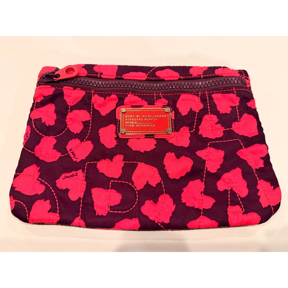 Marc by Marc Jacobs Pink Purple Heart Leopard Quilted Nylon Cosmetic Pouch Bag